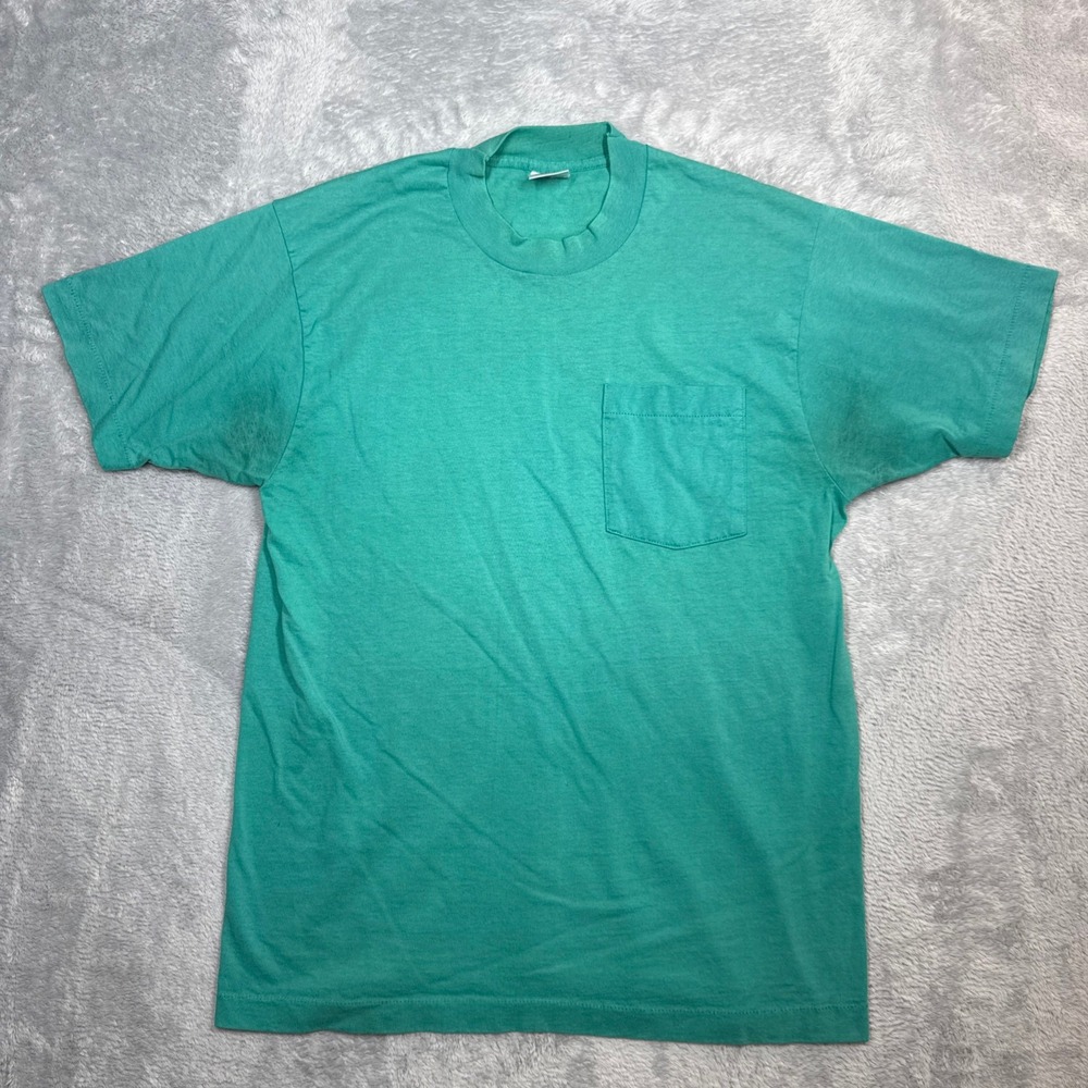 Vintage BVD T Shirt Mens L Green Selvedge Pocket Distressed Faded USA 90s